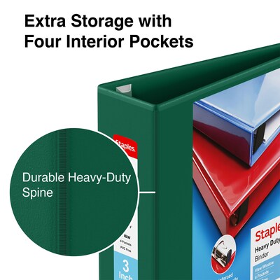 Staples® Heavy Duty 3" 3 Ring View Binder with D-Rings, Dark Green (ST56312-CC)