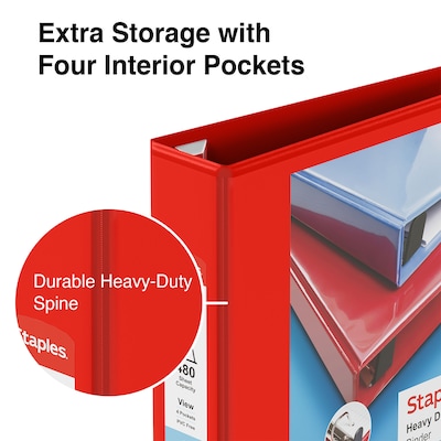 Staples® Heavy Duty 2" 3 Ring View Binder with D-Rings, Red (26348)