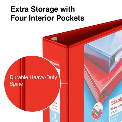 Staples® Heavy Duty 3" 3 Ring View Binder with D-Rings, Red (ST56298-CC)