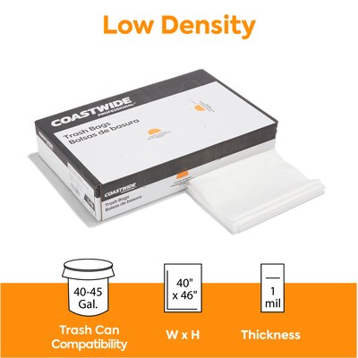 Coastwide Professional™ 40-45 Gallon Trash Bag, 40 x 46, Low Density, 1 mil, Clear, 100 Bags/Box (