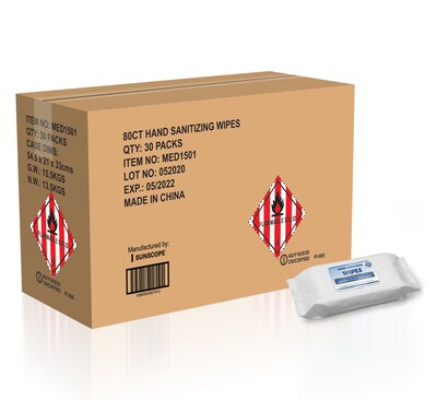 Hand Sanitizer Wipes, 80 Wipes, 30/CT (MED1501CT)