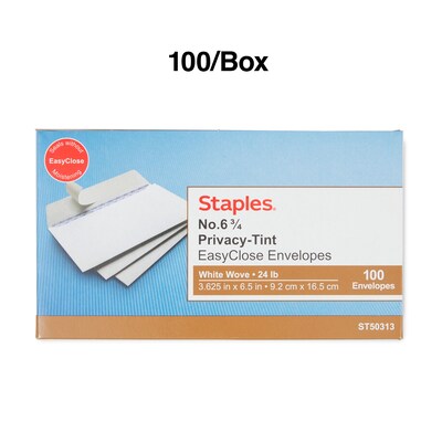 Staples EasyClose Security Tinted #6 3/4 Business Envelopes, 3 5/8" x 6 1/2", White, 100/Box (50313)