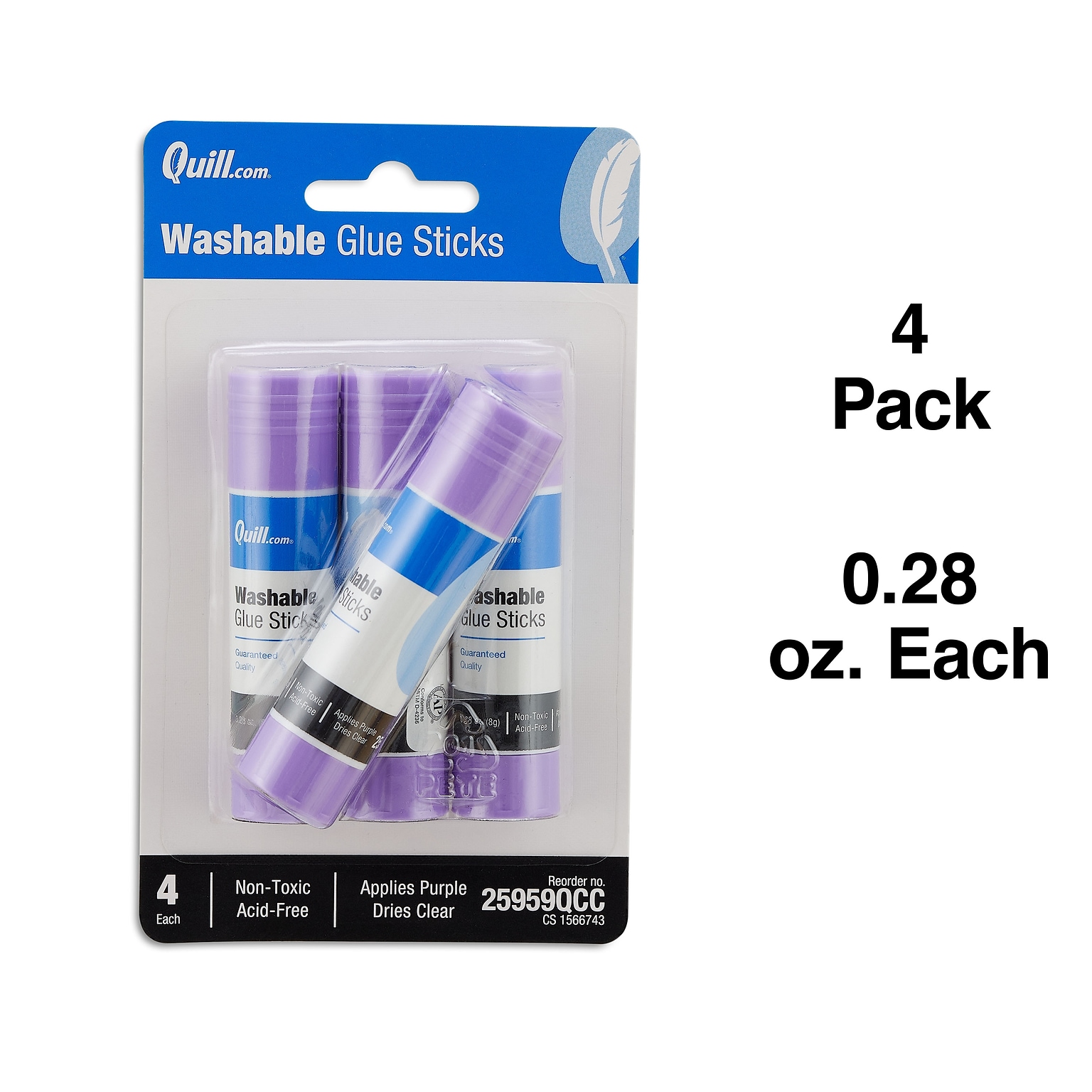 Quill Brand Washable Glue Sticks, 0.28 oz., Purple, 4/Pack (25959-QCC)