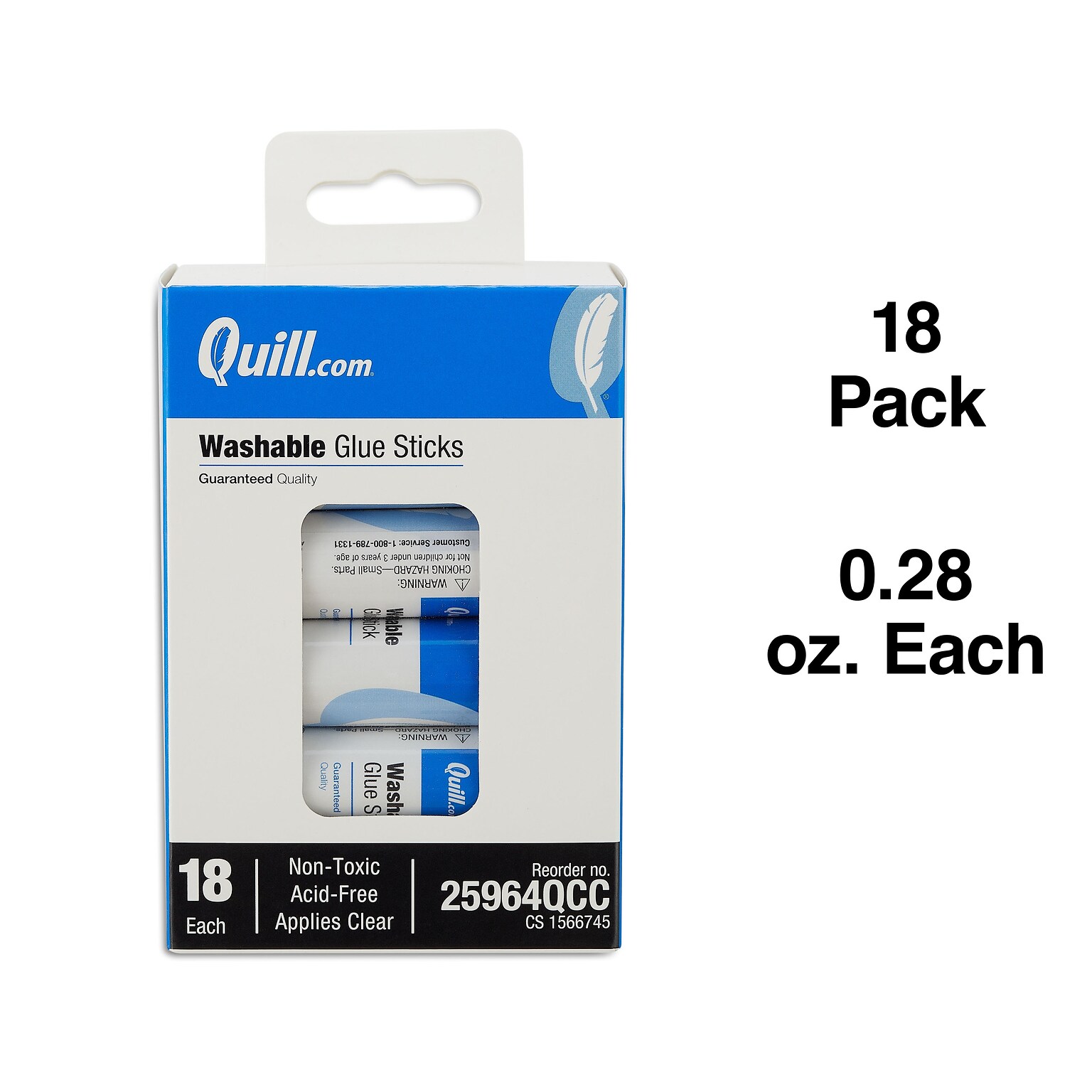 Quill Brand Washable Glue Sticks, 0.28 oz., White, 18/Pack (25964-QCC)