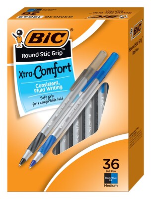 BIC Round Stic Grip Xtra-Comfort Ballpoint Pen, Medium Point, Assorted Ink, 36/Pack (GSMG361-AST)