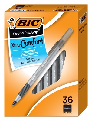 BIC Round Stic Grip Xtra Comfort Ballpoint Pens, Medium Point, Black Ink, 36 Pack (GSMG361BLK)
