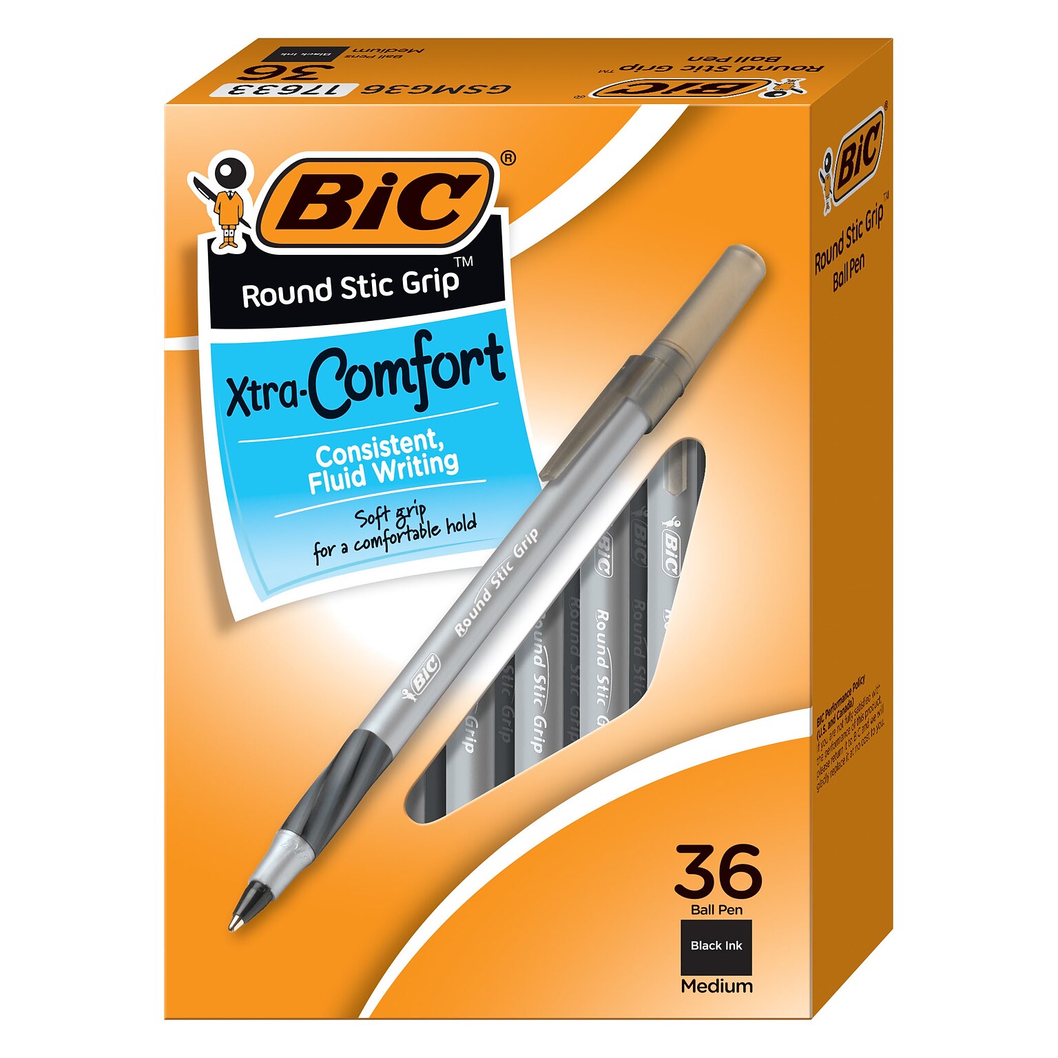 BIC Round Stic Grip Xtra Comfort Ballpoint Pens, Medium Point, Black Ink, 36 Pack (GSMG361BLK)