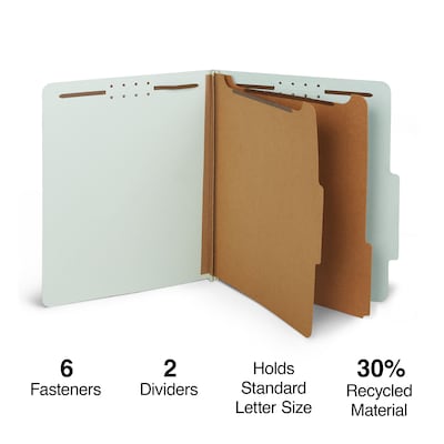 Staples® 60% Recycled Pressboard Classification Folders, 2-Dividers, 2.5" Expansion, Letter Size, Light Gray/Green, 10/Box