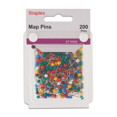 Staples® Map Pins, Assorted Colors, 200/Box (10552)