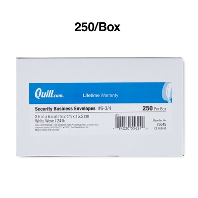 Quill Brand® 250/Box Gummed Security Tinted #6 3/4 Business Envelope, 3-5/8" x 6-1/2", White (NULL)