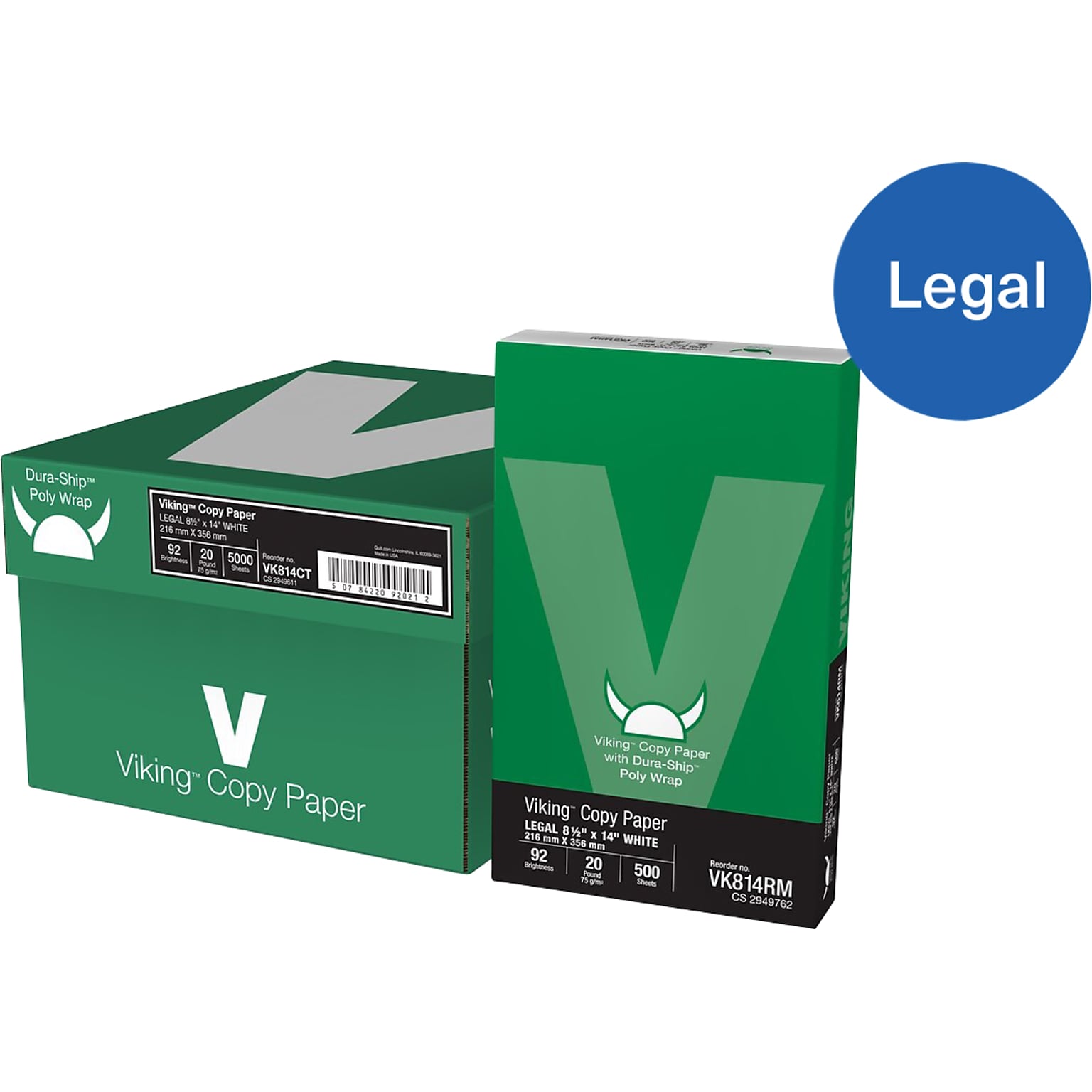 Dura-Ship™ Viking™ 8.5 x 14 Poly Wrap Copy Paper, 20 lbs., 92 Brightness, 5000 Sheets/Carton (VK814CT)