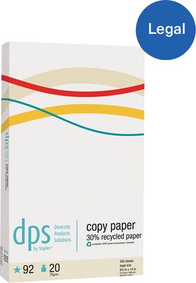 DPS by Staples 30% Recycled 8.5 x 14 Copy Paper, 20 lbs., 92 Brightness, 500 Sheets/Ream (DPS08514RCY-CC)