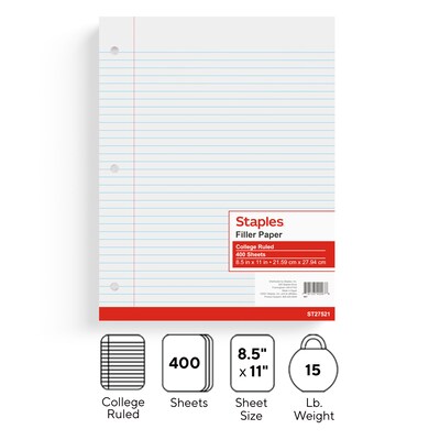 Five Star Reinforced Filler Paper, College Ruled, 11 x 8 1/2, 100  Sheets/Pack, 12 Pack, Filler Paper