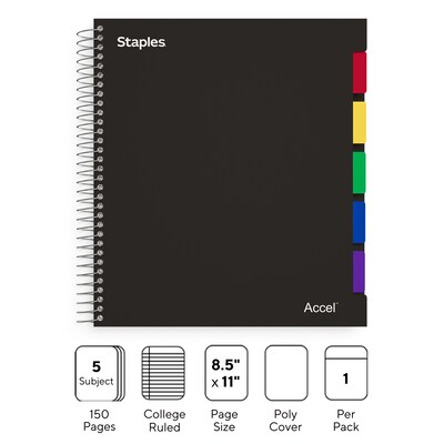Staples Premium 5-Subject Subject Notebook, 8.5 x 11, College Ruled, 150 Sheets, Black (ST24430D)