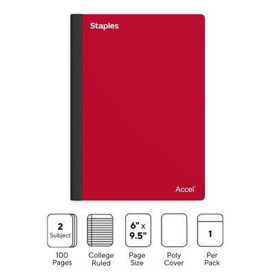 Staples Premium 2-Subject Notebook, 6" x 9.5", College Ruled, 100 Sheets, Red (TR58327)