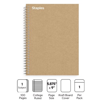 Staples Premium 1-Subject Notebook, 5.875" x 9", College Ruled, 100 Sheets, Brown (TR52120)