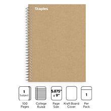 Staples Premium 1-Subject Notebook, 5.875 x 9, College Ruled, 100 Sheets, Brown (TR52120)