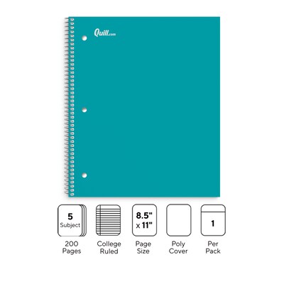 Quill Brand® Premium 5-Subject Notebook, 8.5 x 11, College Ruled, 200 Sheets, Teal (TR58320)