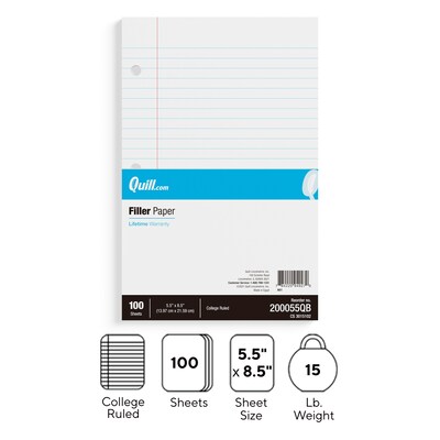 Quill Brand® Mini Binder Filler Paper, College Ruled, 5.5" x 8.5", White, 100 Sheets/Pack (TR12301)