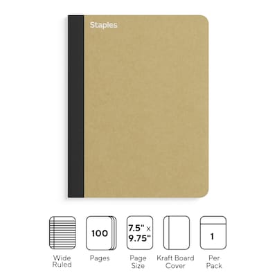 Staples Premium Composition Notebook, 7.5" x 9.75", Wide Ruled, 100 Sheets, Brown (TR52119)