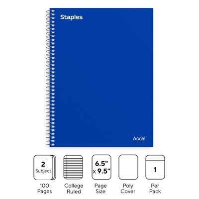 Accel 2-Subject Wirebound Notebook, 9.5" x 6", College Ruled, 100 Sheets, Assorted Colors (06180)