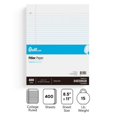 Quill Brand® College Ruled Filler Paper, 8.5" x 11", White, 400 Sheets/Pack (TR27521)
