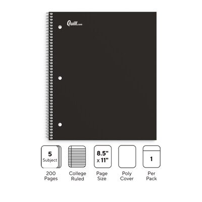 Quill Brand® Premium 5-Subject Notebook, 8.5 x 11, College Ruled, 200 Sheets, Black (TR58317)