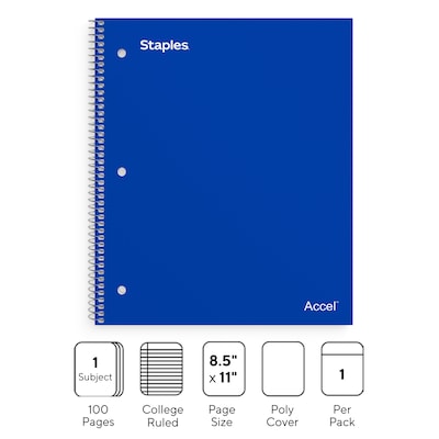 Staples Premium 1-Subject Notebook, 8.5 x 11, College Ruled, 100 Sheets, Blue (TR20951)