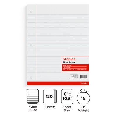 Staples® Wide Ruled Filler Paper, 8" x 10.5", White, 120 Sheets/Pack (ST37426D)