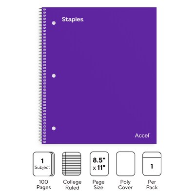 Staples Premium Poly 1-Subject Notebook, 8.5 x 11, College Ruled, 100 Sheets, Purple (ST20954D)