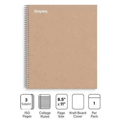 Staples Premium 3-Subject Notebook, 8.5 x 11, College Ruled, 150 Sheets, Brown (TR52123)