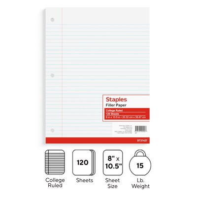 Staples® College Ruled Filler Paper, 8" x 10.5", White, 120 Sheets/Pack (ST37427D)