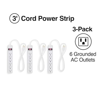Staples 6-Outlet Power Strip, 3' Cord, White,  3/Pack (42319)