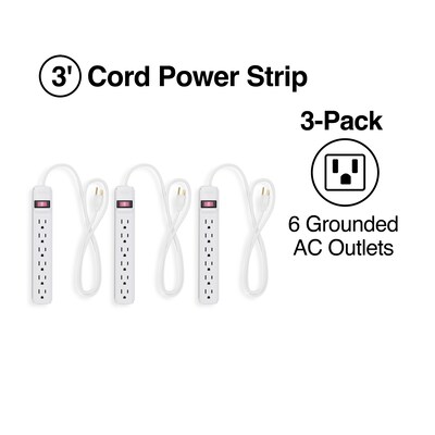 Staples 6-Outlet Power Strip, 3 Cord, White,  3/Pack (42319)