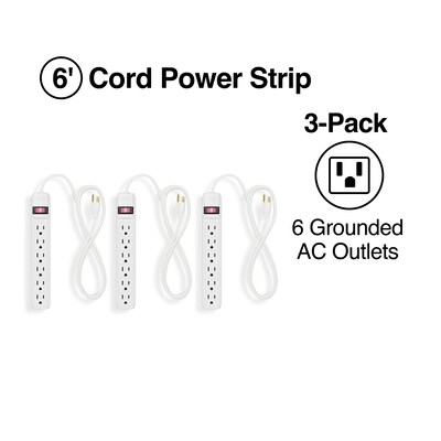 Staples 6-Outlet Power Strip, 6 Cord, White, 3/Pack (42320)