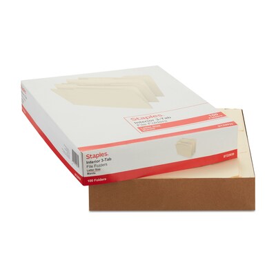 Staples 30% Recycled File Folders, 1/3-Cut Tab, Letter Size, Manila, 100/Box (ST22939-CC)