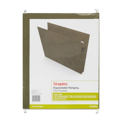 Staples® Hanging File Pocket, 3.5" Expansion, Letter Size, Standard Green, 4/Pack (TR260828)