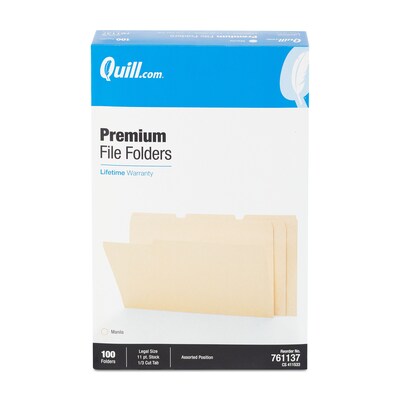 Quill Brand® Premium File Folders, Assorted Tabs, 1/3-Cut, Legal Size, Manila, 100/Box (761137)