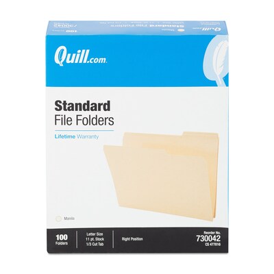 Quill Brand® Right Position File Folders, 1/3-Cut, Letter Size,  Manila, 100/Box (730042)