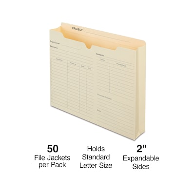 Staples® Reinforced Pre-Printed File Jacket, 2 Expansion, Letter Size, Manila, 50/Box (TR486083)