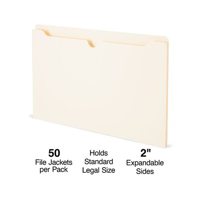 Staples® Reinforced File Jackets, 2" Expansion, Legal Size, Manila, 50/Box (TR440374)