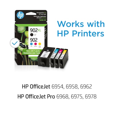 HP 902XL/902 Black High Yield and Cyan/Magenta/Yellow Standard Yield Ink Cartridge, 4/Pack (T0A39AN#