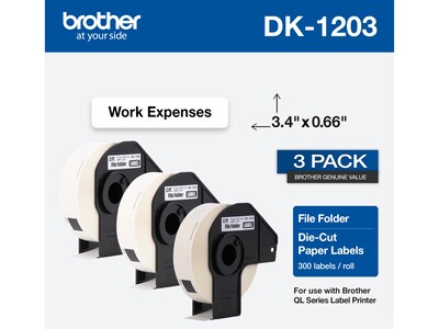 Brother DK-1203 File Folder Paper Labels, 3-4/10 x 2/3, Black on White, 300 Labels/Roll, 3 Rolls/B