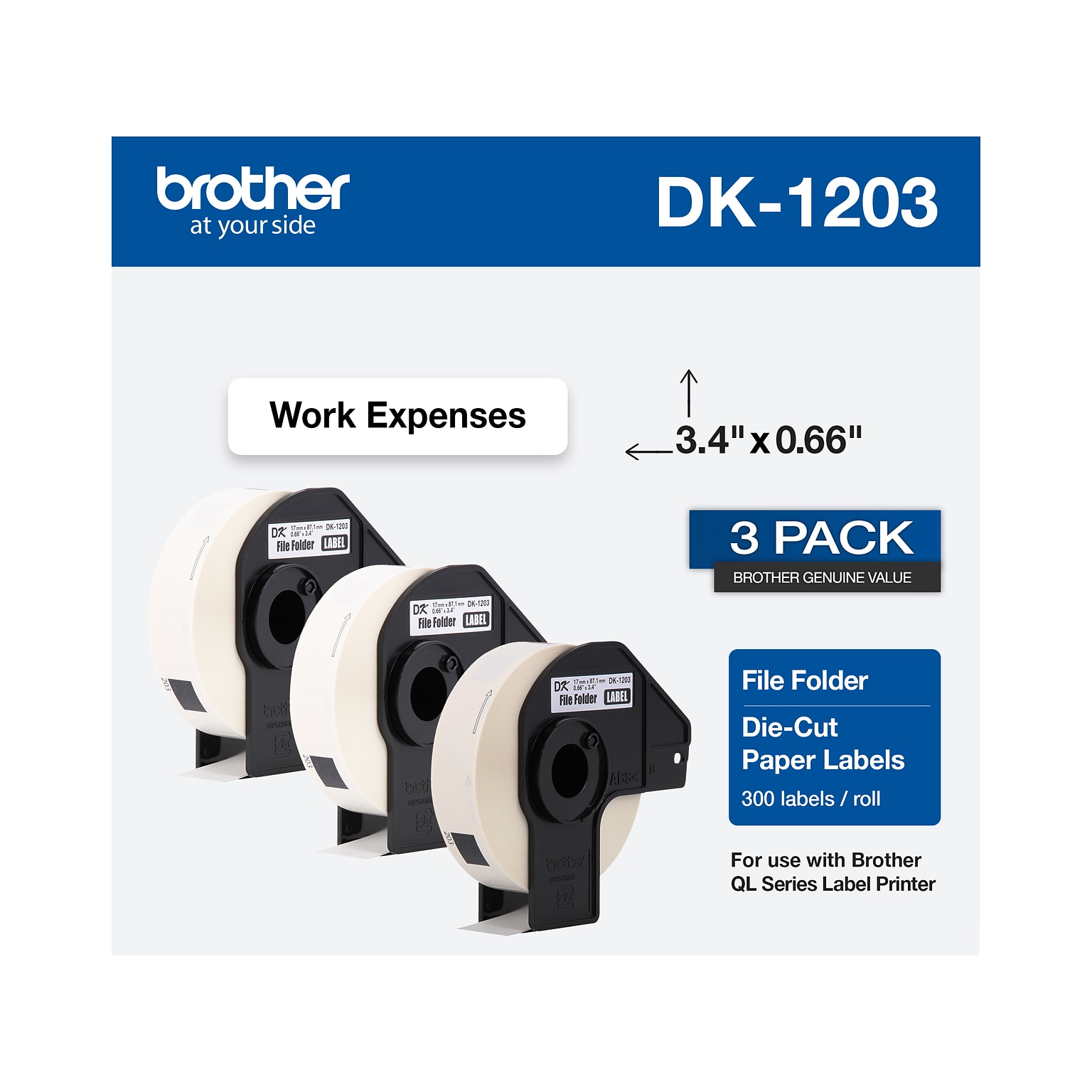 Brother DK-1203 File Folder Paper Labels, 3-4/10 x 2/3, Black on White, 300 Labels/Roll, 3 Rolls/Box (DK-12033PK)