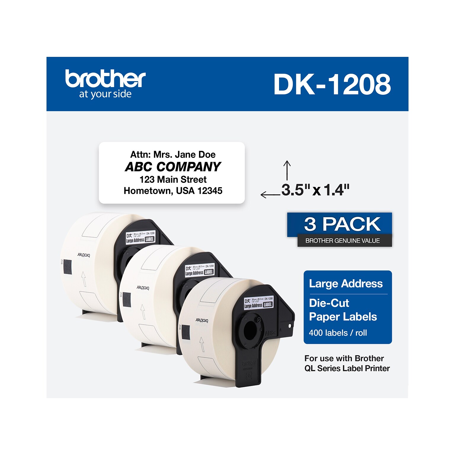 Brother DK-1208 Large Address Paper Labels, 3-1/2 x 1-4/10, Black on White, 400 Labels/Roll, 3 Rolls/Box (DK-12083PK)