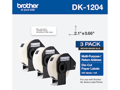 Brother DK-1204 Multi-Purpose Paper Labels, 2-1/10 x 2/3, Black on White, 400 Labels/Roll, 3 Rolls