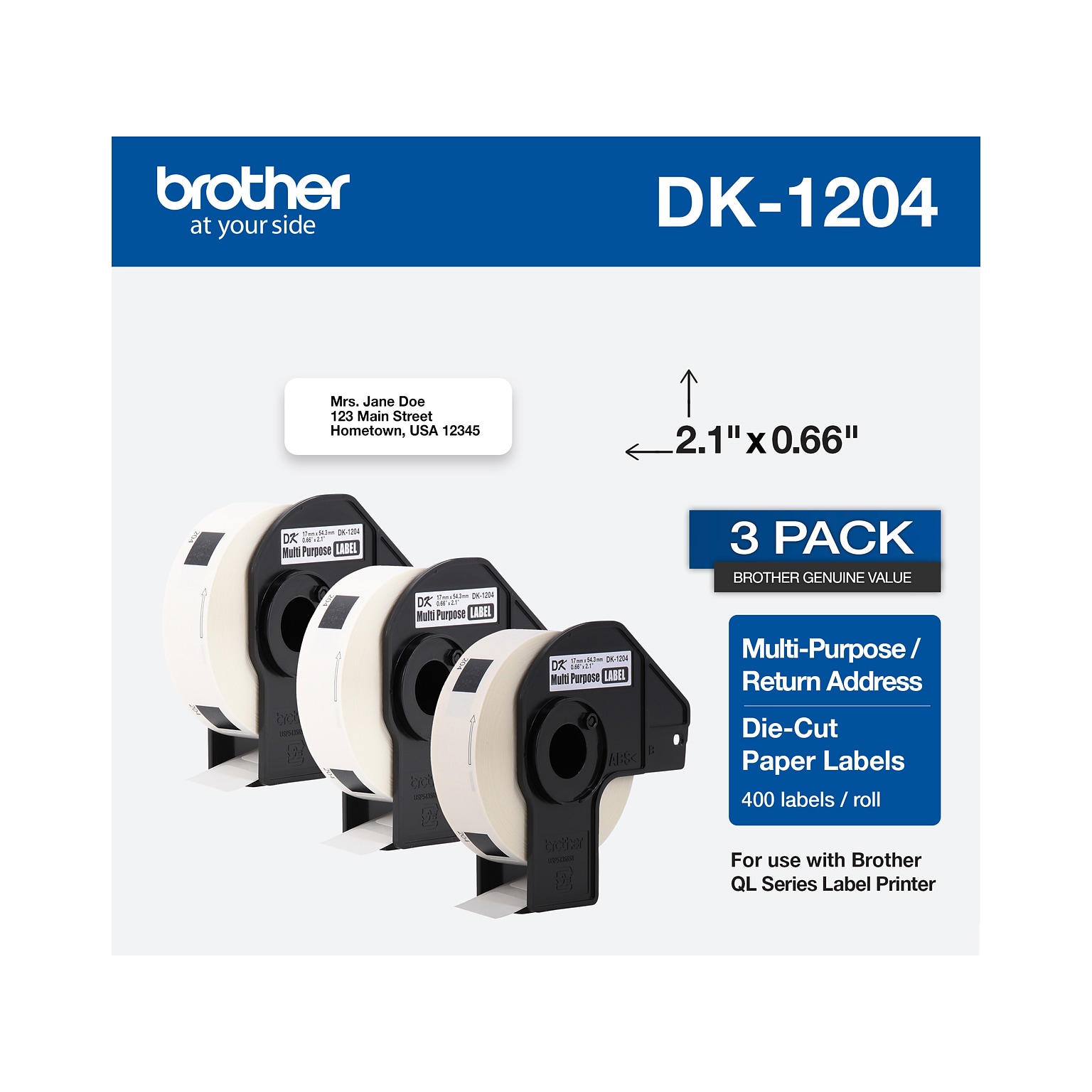 Brother DK-1204 Multi-Purpose Paper Labels, 2-1/10 x 2/3, Black on White, 400 Labels/Roll, 3 Rolls/Box (DK-12043PK)