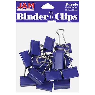 JAM Paper Colorful Binder Clips, Medium,  5/8 Capacity, Purple, 15/Pack (339BCPU)