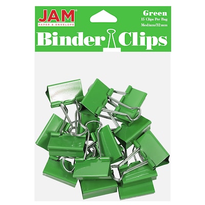 JAM Paper Colored Binder Clips, Medium,  5/8 Capacity, Green, 15/Pack (339BCGR)