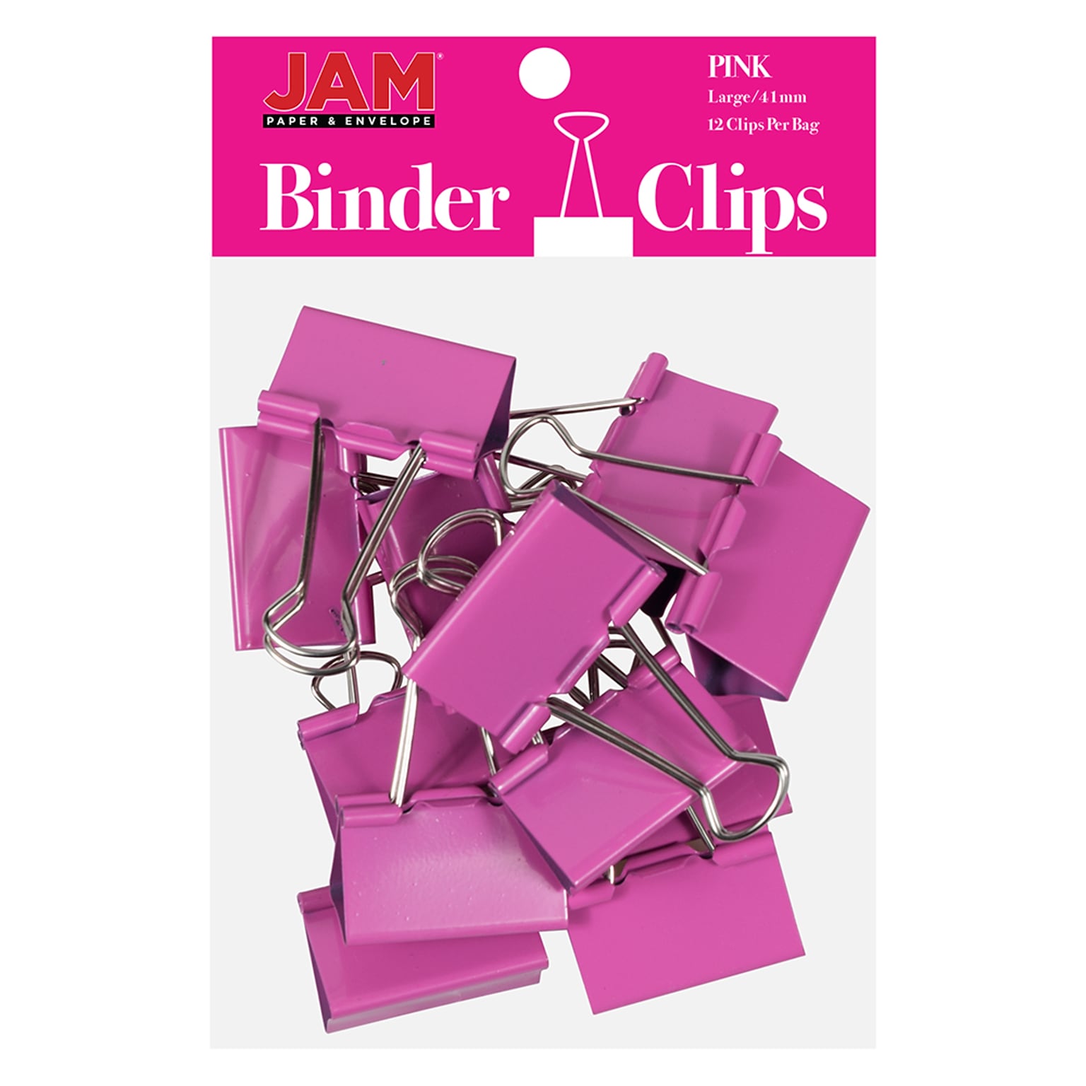 JAM Paper® Binder Clips, Large, 41mm, Pink Binderclips, 12/pack (340BCpi)